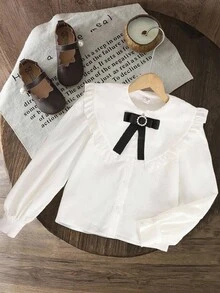 SHEIN Tween Girl Ruffle Collar White Long Sleeve Blouse, Elegant White Long Sleeve Shirt, Preppy White Shirt, Back To School, Autumn - White - View 8