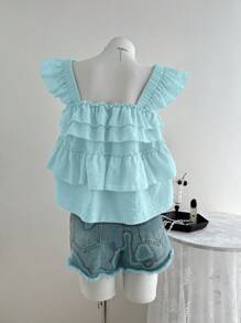 Franclia Summer Textured Cap Sleeve Layered Ruffle Hem Casual Vacation Tank Top - Blue - View 2