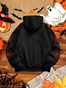 Manfinity EMRG Fashionable Casual Young Street Heart, Spider Web & Spider Element All-Over Digital Print Pattern Oversized Loose Fit Drop Shoulder Hoodie Sweatshirt, Suitable For Holidays, Dates, Gatherings, Parties, Couples, Family Matching, Great Gift For Boyfriend/Husband Halloween Hoodie Spider Web Hoodie Gothic Hoodie Zip Up Hoodie, Men Spider Web Graphic Hoodie, Black Spider Hoodie, Men Halloween Hoodie, Hip Hop Spider Hoodie , Fall Winter