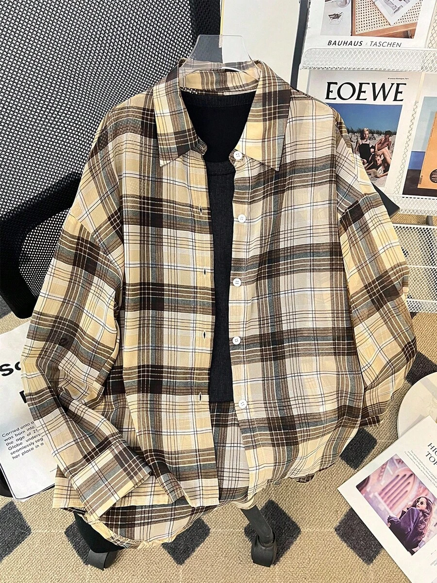 INAWLY Women's Plaid Lightweight Casual Loose Shirt, Fashionable Sun Protection, Spring/Summer - Yellow - View 1