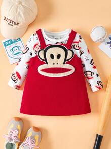 Paul Frank X SHEIN Bộ 2 áo thun dài tay cổ tròn in hình khỉ cho bé gái và váy yếm đỏ - Đỏ và trắng - Xem 1
