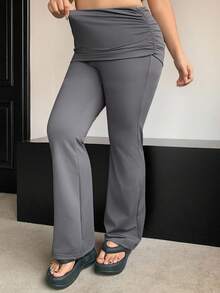 Dazy Plus Plus Size Women Solid Color Elastic Fitted Flare Leg Pants, Casual High Waist Trousers