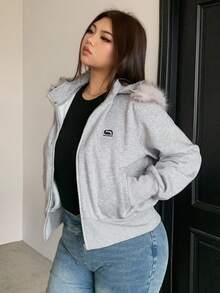 Dazy Plus Jachetă sport casual cu glugă, model brodat, cu guler din blană artificială, crop, model patchwork, pentru femei, mărime mare, primăvară/toamnă