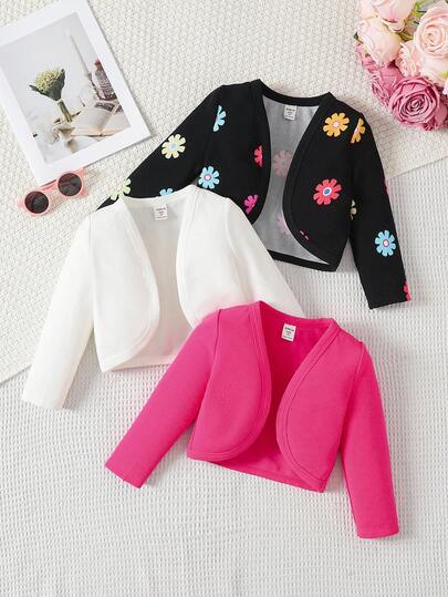 SHEIN 年轻女孩 3 件可爱彩色花朵图案针织纯色长袖开衫，夏秋开衫，舒适百搭，适合秋季、春季，4-7 岁，非常适合外出、上学、居家、度假和旅行。非常适合休闲和日常穿着，姐妹和我和妈妈搭配，