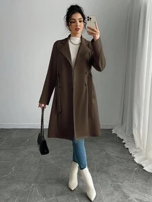 Rafferiza Women's Solid Color Faux Suede Double-Breasted Side Pocket Regular Jacket Fall Winter Cloth For Women - Coffee Brown - View 6