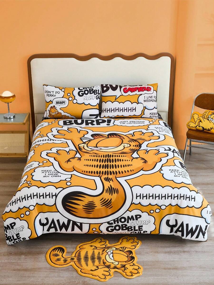 GARFIELD | SHEIN 3pc Cartoon Cat & Letter Print Bedding Set,Suitable For Single Bed/Double Bed/Queen Bed/King Bed, Dormitory/Home - Multicolor - View 1