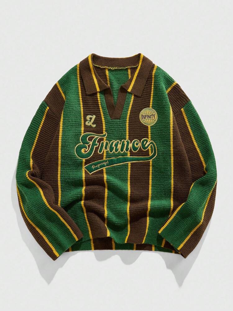 ROMWE MEN Prep Suéter de Malha Retrô com Gola Inspirado no Futebol, Outono Inverno - Multicolorido - Visão 1