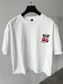 Manfinity Roghcode Men's Casual Cherry Letter Print Short Sleeve T-Shirt, Summer - White - View 4