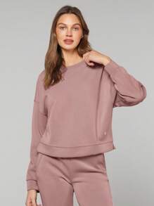 GLOWMODE Modal Silky Smooth Loose Drop Shoulder Crew Neck Side Slits Sweatshirt With Thumbholes Daily Casual  Spring Summer - Dusty Pink - View 7