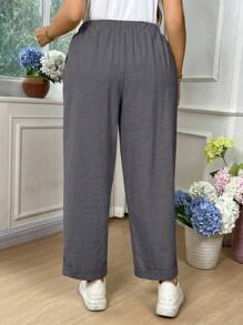 SHEIN LUNE CURVE Quần dài vải cotton đa năng, thường ngày, cỡ lớn dành cho nữ - Màu xám đen - Xem 2