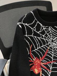 Manfinity Roghcode Men's Casual Spider Pattern Round Neck Long Sleeve Loose Knit Sweater, Autumn/Winter - Multicolor - View 4