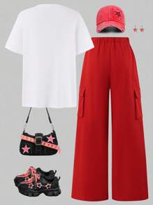 SHEIN Sparklyn 2件套青少年女孩休闲图案T恤和工装裤套装 - 紅色 - 查看 2