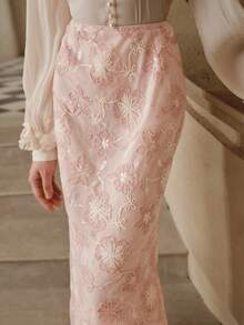 SHEIN Unity Women's Elegant Floral Embroidered Skirt, Romantic Pink - Pink - View 6