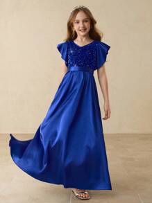 优雅串珠缎面无袖荷叶边女童连衣裙，适合花童、婚礼、舞会、生日派对、圣诞节、万圣节、返校、毕业典礼 - 藍色 - 查看 5