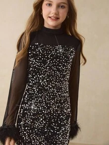 Vestido midi elegante y glamoroso para niñas con cuello redondo, manga larga, lentejuelas y falso pelo, adecuado para fiestas de noche, banquetes, vacaciones, casual, baile, boda, regreso a la escuela, graduación, Halloween, Navidad, regalo de cumpleaños y otras ocasiones