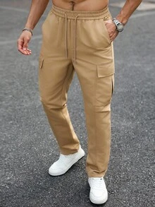 Manfinity Homme 男士休闲纯色工装裤 男士卡其色工装裤 卡其色慢跑裤 男士米色裤子 男士裤子 卡其色男士工装裤，秋季 - 卡其色 - 查看 6