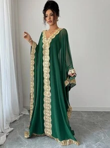 Elenzga Women's V-Neck Semi-Sheer Mesh Ruffled Trim Dress, Elegant Minimalist Casual Cocktail Party Vacation Evening Gown, Autumn Fall Cloth For Women - Dark Green - View 6