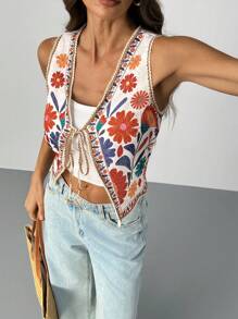 SHEIN Tall 女士休闲花卉印花抽绳夹克，夏季波西米亚风上衣秋冬花卉背心 - 彩色 - 查看 3