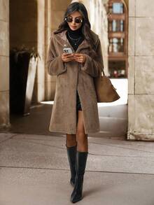 Editum Women's Elegant Hooded Fluffy Pocket Coat, Autumn/Winter Faux Thermal Lined Jackethalloween Christmas Party Elegant Going Out Saudi National Day Christmas Clothes Autumn Clothes For  Women's Winter Jacketfall Clothes For Women Winter Clothes Women's Winter Jacket Halloween Party - Brown - View 3