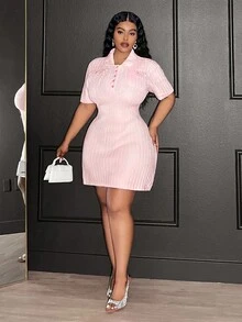 Veslaya 大码纯色极简短袖毛衣连衣裙，日常百搭粉色连衣裙，翻领连衣裙，Polo衫连衣裙，迷你连衣裙，秋冬季粉色迷你连衣裙 - 粉色 - 查看 8