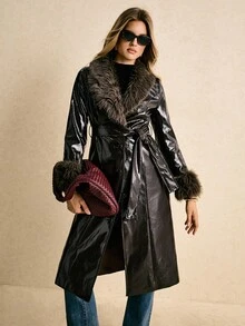 Poéselle PU Leather Trench Coat With Faux Fur Collar & Cuffs –Women's Solid Color Fur Collar Long Sleeve Mid-Length Fashionable Regular Jacket, Statement Winter Holiday Outerwear For Women ,PU Leather Trench Coat,Faux Fur Collar ,Statement Piece,Fur Coat,Teddy Coat - Chocolate Brown - View 5