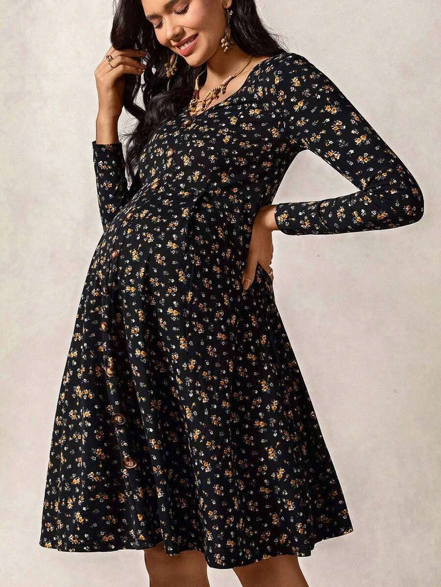 Boho Mama Pregnant Women's Ditsy Floral V-Neck Long Sleeve Casual Dress Cottagecore Dress Long Sleeve Mini Dress Smocked Mini Dress Cottagecore Mini Dress West Western Wear Women Boho Women Clothing Boho Chic - Black - View 1