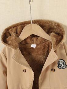 SHEIN Explorewe 女童卡其色保暖连帽双排扣外套，时尚保暖外套，适合2025年返校季穿着，兼具上学和运动功能。女童冬季连帽外套，女童棉质外套，优雅抓绒外套，女童保暖外套，儿童秋季外套。 - 棕色 - 查看 5