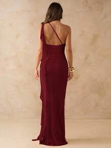 SHEIN BAE 优雅不对称褶皱露背连衣裙，网眼荷叶边下摆，女士度假沙滩裙，春夏 - 酒紅色 - 查看 2