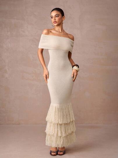 Lumalex Fall Winter Modest Old Money Coquette Glitter Holiday Party Outfit Rave Festival Outing Swim Vacation Bohemian BOHO  Hot Outdoor Richly Layered Wedding Season Banquet Coming Of Age Ceremony Seaside Off Shoulder Turtleneck Bodycon Fringed Maxi Sweater Dress For Women Luxury Prom Christmas New Year