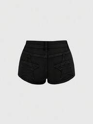 Grunge Punk Vintage Y2K Women's Super Low Waist Ultra Short Denim Shorts With Rear Pocket Star Patch