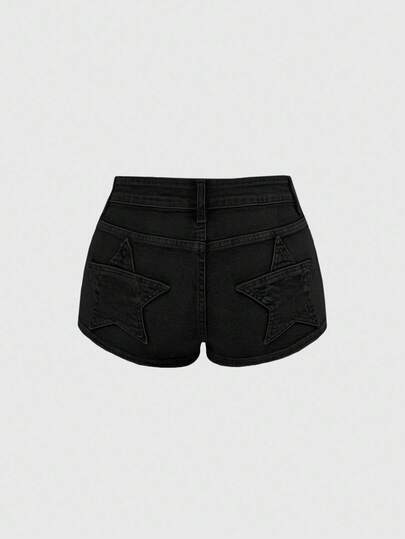 Grunge Punk Vintage Y2K Women's Super Low Waist Ultra Short Denim Shorts With Rear Pocket Star Patch