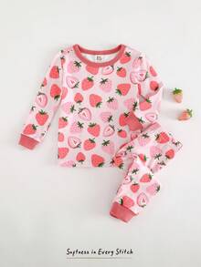 Cozy Pixies 女婴舒适睡衣套装，卡通草莓印花柔软针织圆领长袖上衣和松紧腰打底裤 - 粉色 - 查看 3