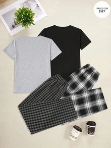 SHEIN 青少年男童休闲鹿纹圆领短袖T恤和格子裤套装，纯色简约百搭基础款，适合通勤、上学、日常休闲、度假、户外活动、聚会、秋冬季穿着。 - 彩色 - 查看 3
