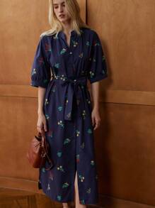 Écloséra French Elegant Retro Stand Collar Half Sleeve Embroidered Belt Autumn Fall Dress Long Women Dress Women Casual Dress Women Autumn Dress