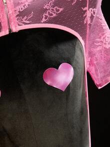 SpicyHot 2 件套蕾丝拼布镂空拉链裆部超性感内衣套装，情人节，外出 - 玫紅色 - 查看 3