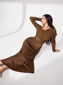 Modelyn Asymmetrical Knit Texture Patchwork Satin With Metal Buckle Elegant Dress Fall Cloth For Women - Brown - View 3