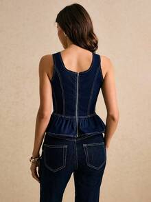 Poéselle 女士牛仔背心上衣深蓝色背心腰部荷叶边下摆上衣秋季上衣万圣节工作上衣露肩上衣 - 深色水洗藍 - 查看 4