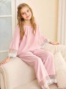 青少年女孩圆领蕾丝拼接袖上衣和宽松裤子睡衣套装 - 淺粉色 - 查看 1