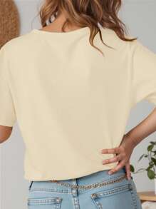 SHEIN LUNE 大码休闲花卉字母教师印花短袖T恤，夏季 - 杏色 - 查看 2