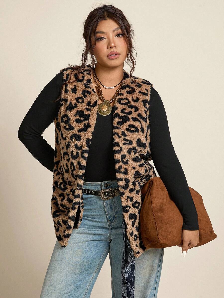 Freevana 大码女式休闲毛绒质感双口袋豹纹开襟背心外套，适合秋季穿着 - 彩色 - 查看 1