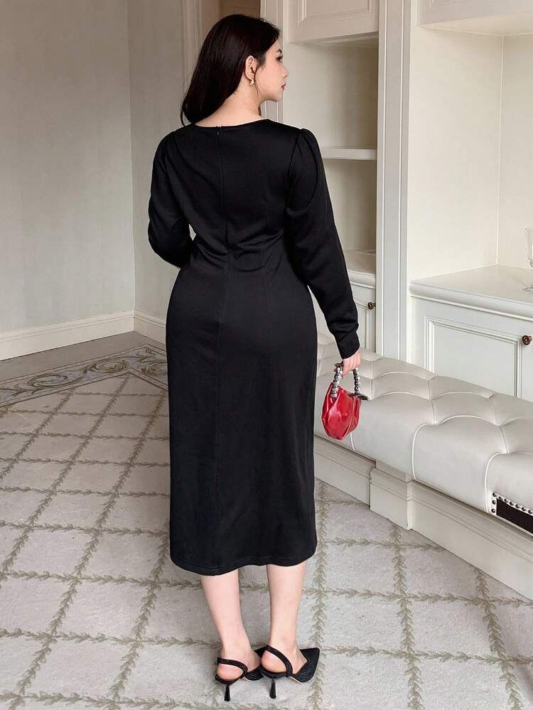 Dazy Plus Plus Size Women Solid Color Round Neck Hollow Waist Twist Cut-Out Long Sleeve Fitted Dress, Autumn Prom Dress Elegant Women Dresses Maxi Dress