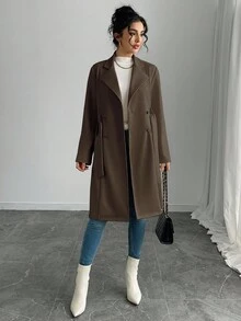 Rafferiza Women's Solid Color Faux Suede Double-Breasted Side Pocket Regular Jacket Fall Winter Cloth For Women - Coffee Brown - View 5