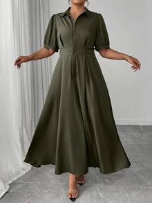 Elenzga 加大码优雅纯色灯笼袖连衣裙，夏季通勤时尚衬衫裙 - 軍綠色 - 查看 4