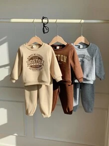 Bộ 6 bộ đồ thể thao thường ngày cho bé trai/bé gái, áo nỉ dài tay in chữ dễ thương và quần jogger, quần áo mùa đông đa năng cho bé trai/bé gái - Nhiều màu - Xem 3