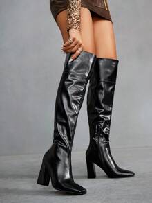 CUCCOO SZL Botas altas de mujer con tacón grueso de estilo retro británico de moda - Negro - Ver 7