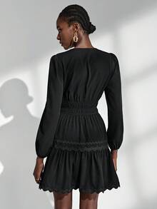 Almamuse-D Black Textured V-Neck Ruffle Trim Casual Dress For Women, Spring/Autumn Fall Cloth For Women - Black - View 2