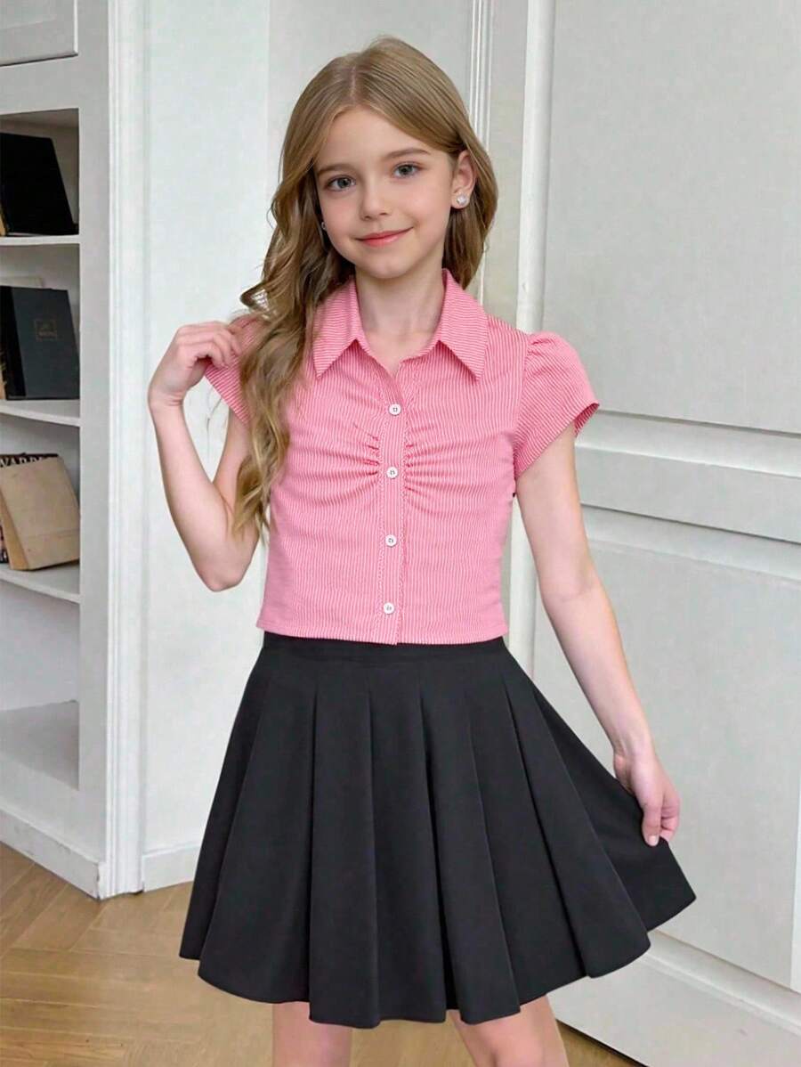 Áo len cardigan cổ đứng tay ngắn sọc xanh cổ điển dành cho bé gái - Màu Hồng Tươi - Xem 1