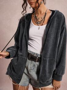 SHEIN LUNE Plus Size Casual Distressed Snowflake Hooded Jacket Oversized Zip Up Hoodie Grey Jacket Grunge Fall Winter For Going Out - Blue - View 8