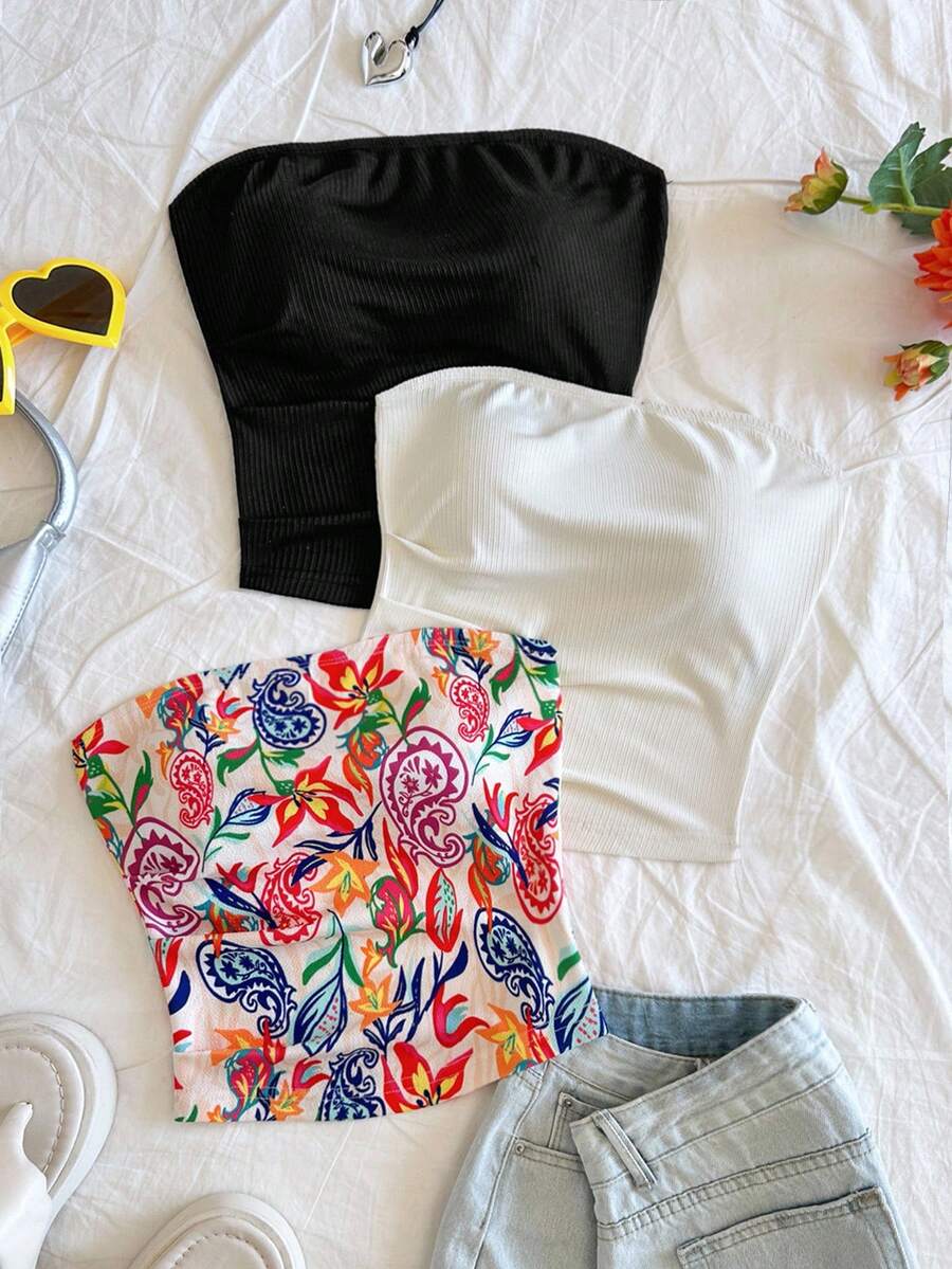 Soleia Conjunto de 3 tops de tubo bohemios de verano para salir, ropa occidental, para conciertos, rave y festival: top con estampado de paisley retro y textura acanalada color albaricoque, y top acanalado negro corto de punto para vacaciones - Multicolor - Ver 1