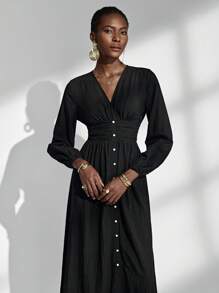 Almamuse Elegant Black Maxi Dress,V-Neck Single-Breasted Long Sleeve Flared Party Night Dress,Fashionable Versatile Women Autumn Spring Clothing - Black - View 4